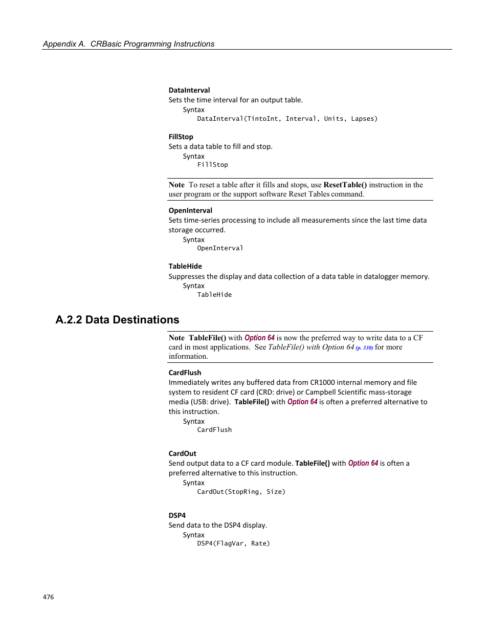 A.2.2 data destinations | Campbell Scientific CR1000 Measurement and Control System User Manual | Page 476 / 588