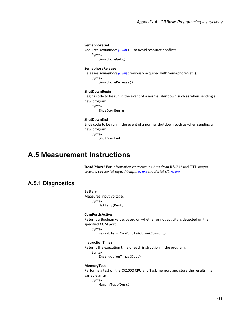 A.5 measurement instructions, A.5.1 diagnostics | Campbell Scientific CR1000 Measurement and Control System User Manual | Page 483 / 588