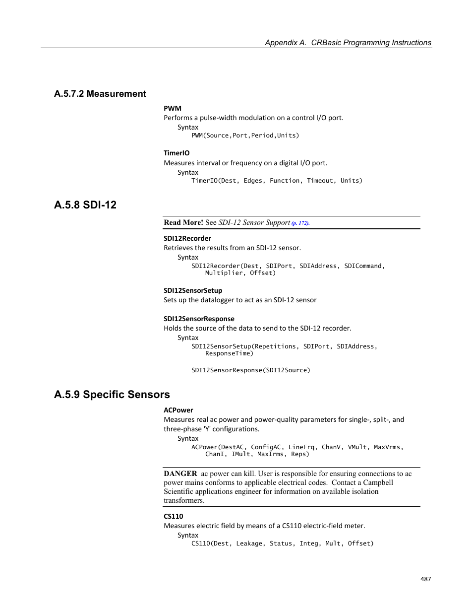 A.5.7.2 measurement, A.5.8 sdi-12, A.5.9 specific sensors | Campbell Scientific CR1000 Measurement and Control System User Manual | Page 487 / 588