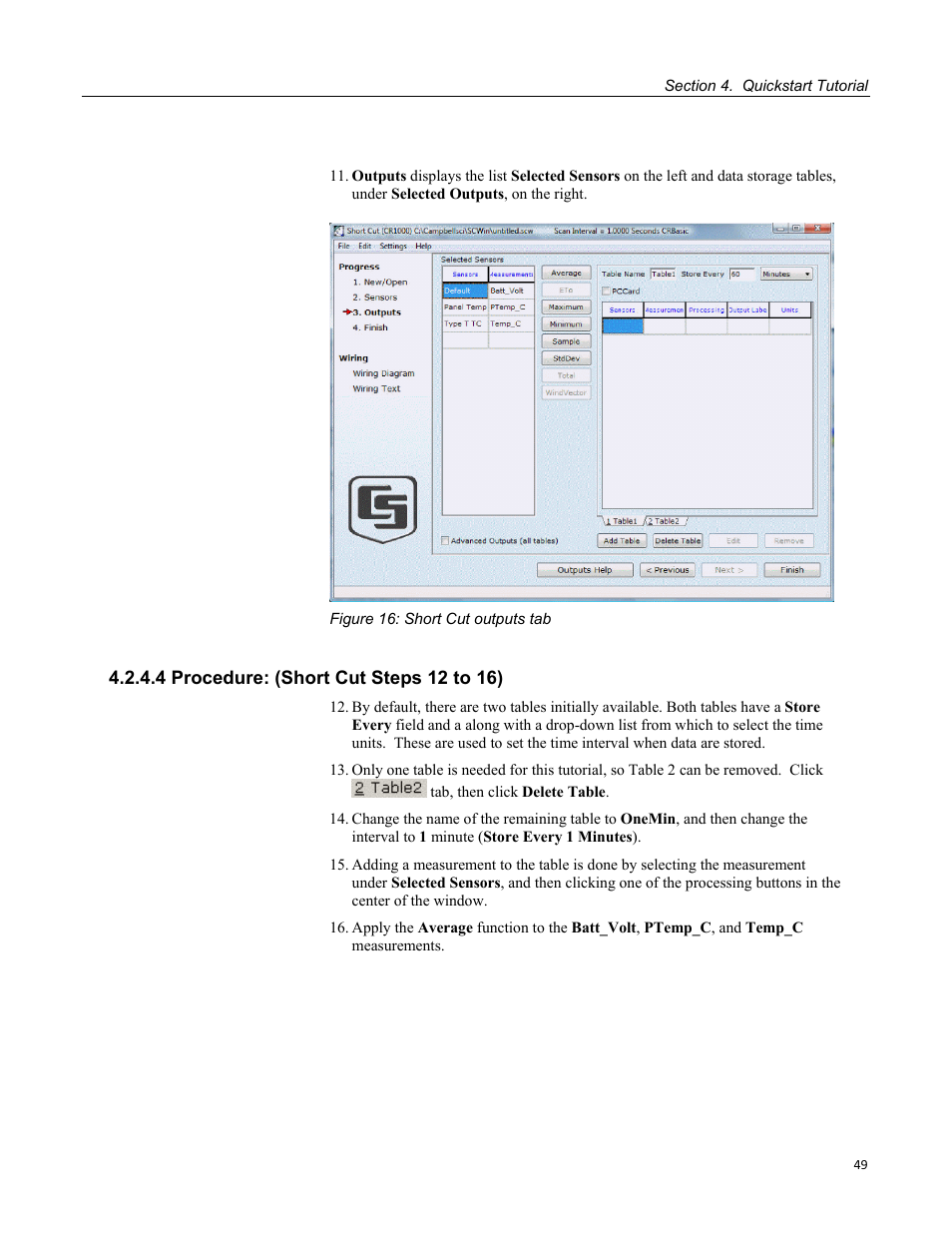 4 procedure: (short cut steps 12 to 16), Figure 16: short cut outputs tab | Campbell Scientific CR1000 Measurement and Control System User Manual | Page 49 / 588