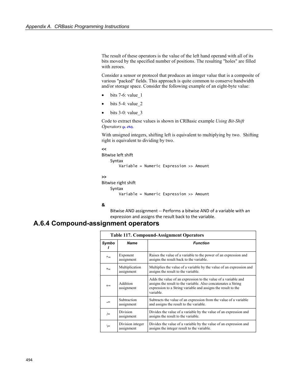 A.6.4 compound-assignment operators, Table 117. compound-assignment operators | Campbell Scientific CR1000 Measurement and Control System User Manual | Page 494 / 588