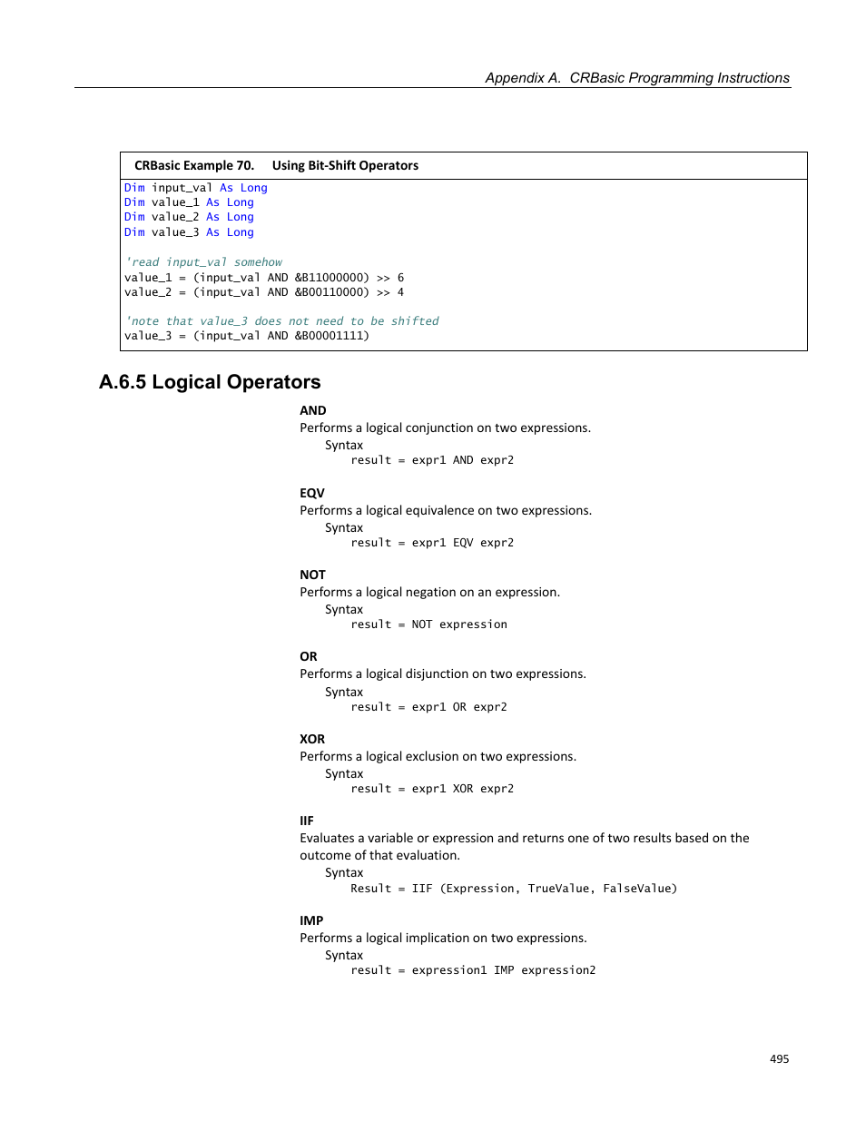 A.6.5 logical operators, Crbasic example 70. using bit-shift operators | Campbell Scientific CR1000 Measurement and Control System User Manual | Page 495 / 588