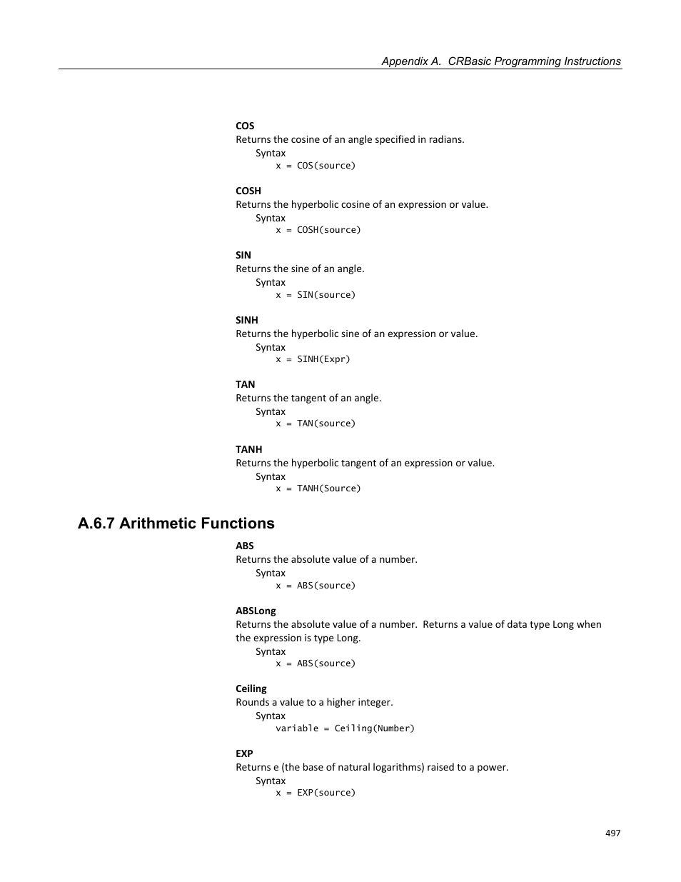 A.6.7 arithmetic functions | Campbell Scientific CR1000 Measurement and Control System User Manual | Page 497 / 588