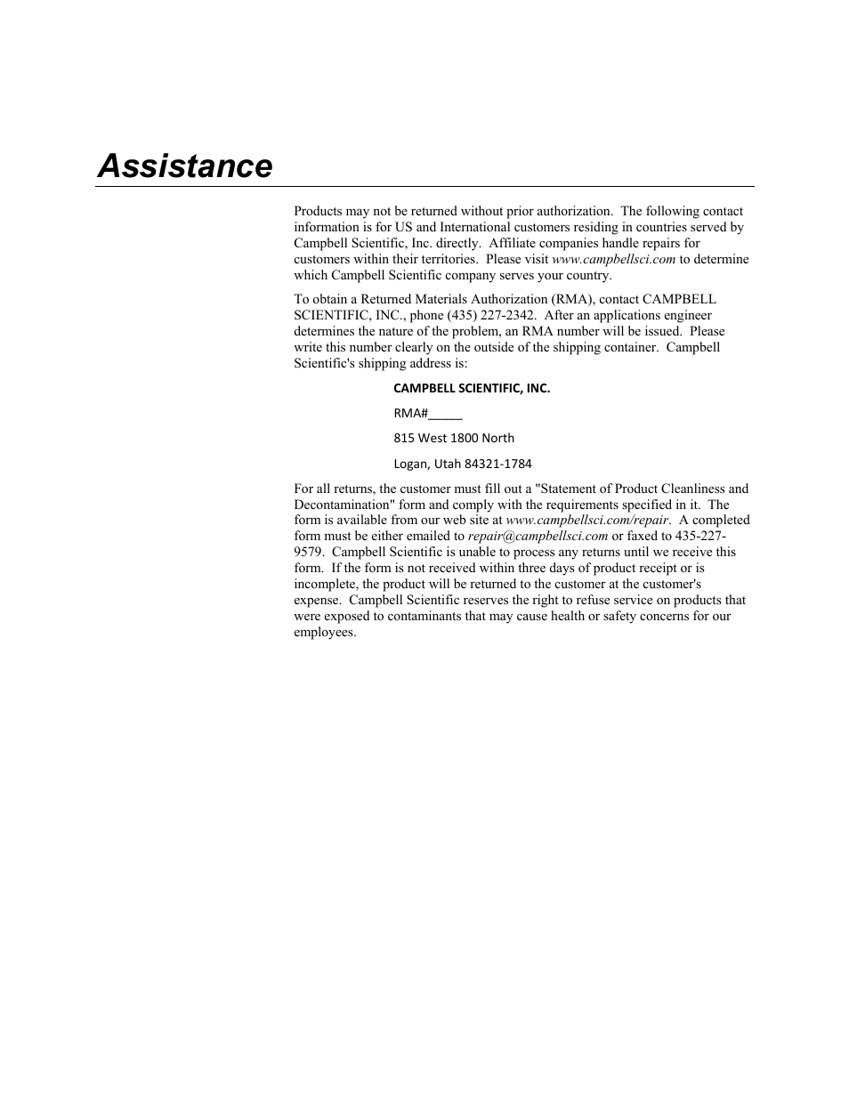 Assistance | Campbell Scientific CR1000 Measurement and Control System User Manual | Page 5 / 588