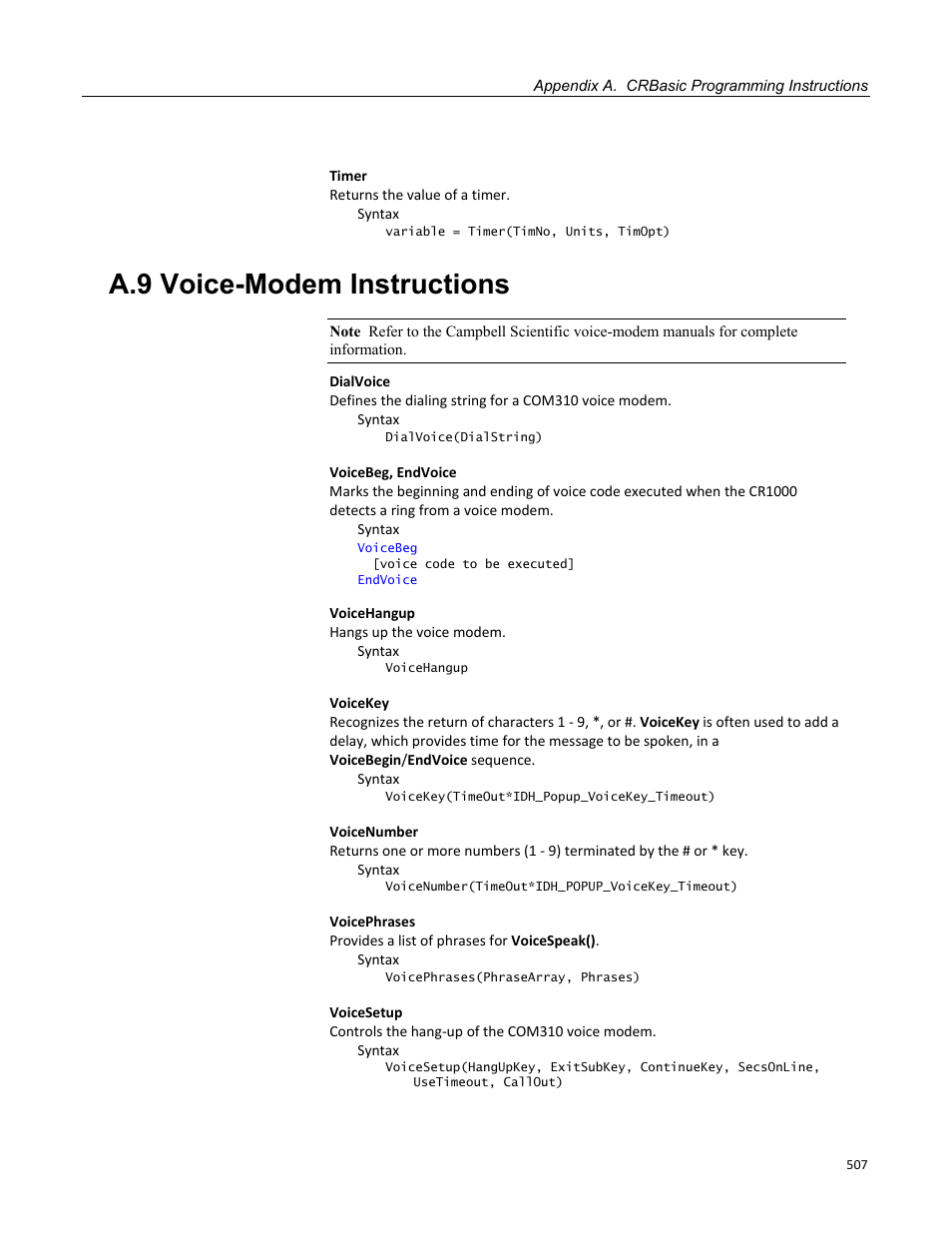 A.9 voice-modem instructions | Campbell Scientific CR1000 Measurement and Control System User Manual | Page 507 / 588