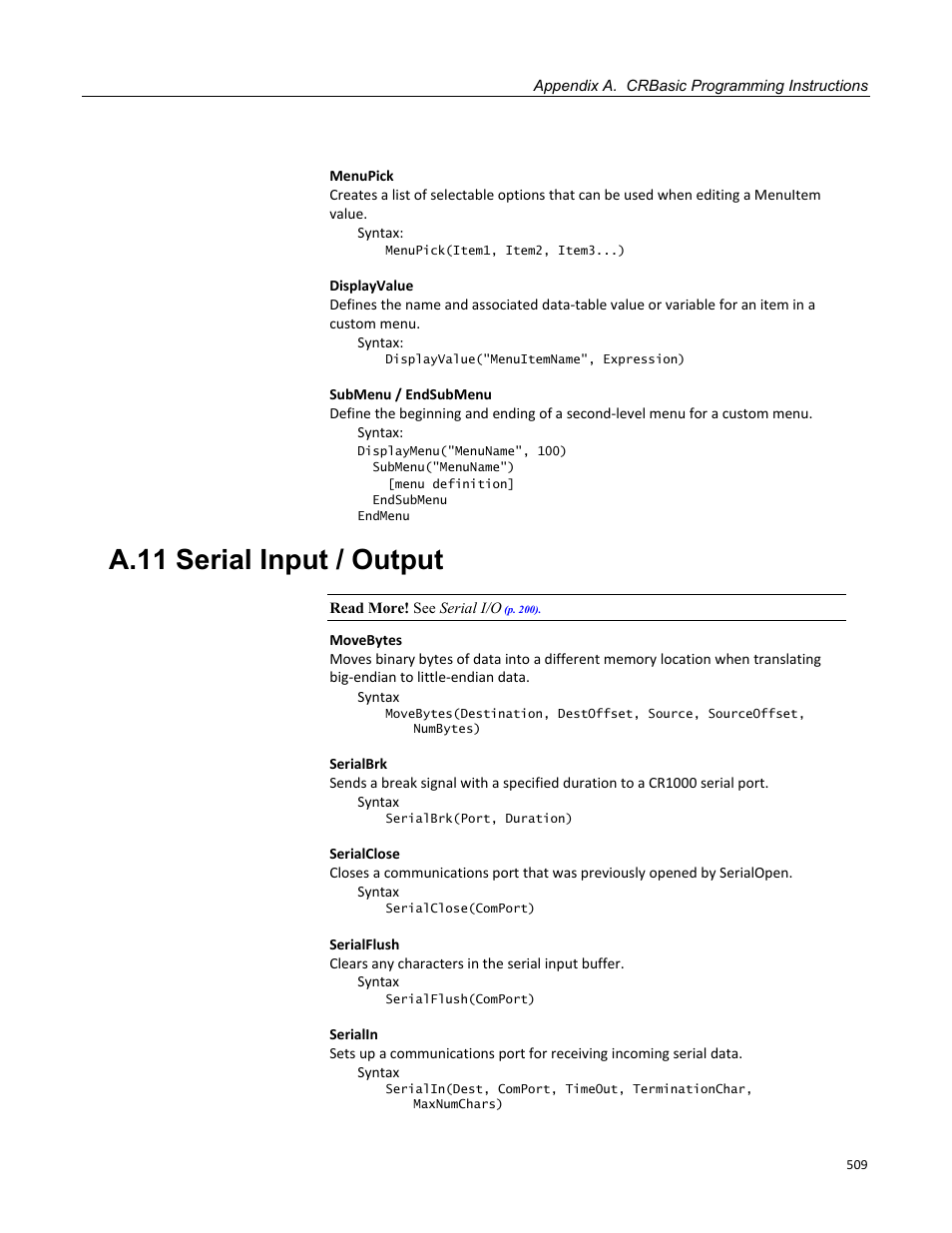 A.11 serial input / output | Campbell Scientific CR1000 Measurement and Control System User Manual | Page 509 / 588