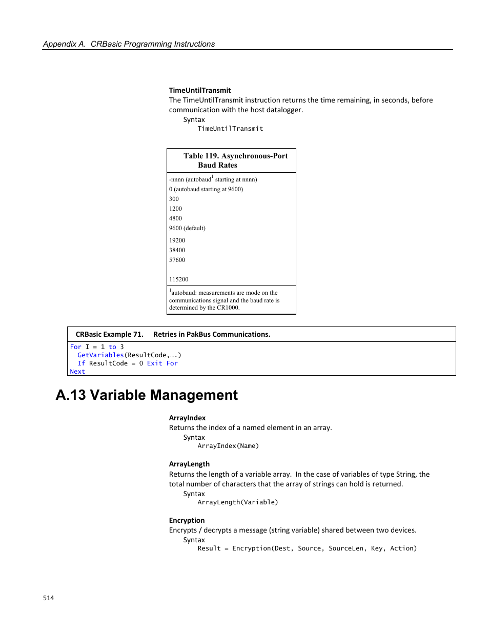 A.13 variable management, Table 119. asynchronous-port baud rates | Campbell Scientific CR1000 Measurement and Control System User Manual | Page 514 / 588