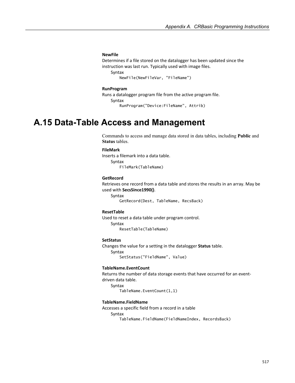 A.15 data-table access and management | Campbell Scientific CR1000 Measurement and Control System User Manual | Page 517 / 588