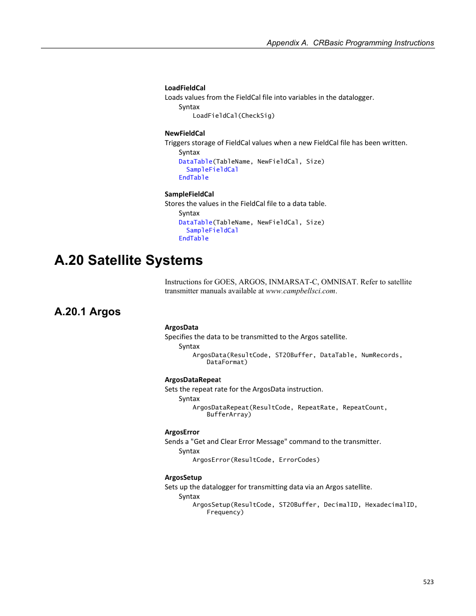 A.20 satellite systems, A.20.1 argos | Campbell Scientific CR1000 Measurement and Control System User Manual | Page 523 / 588