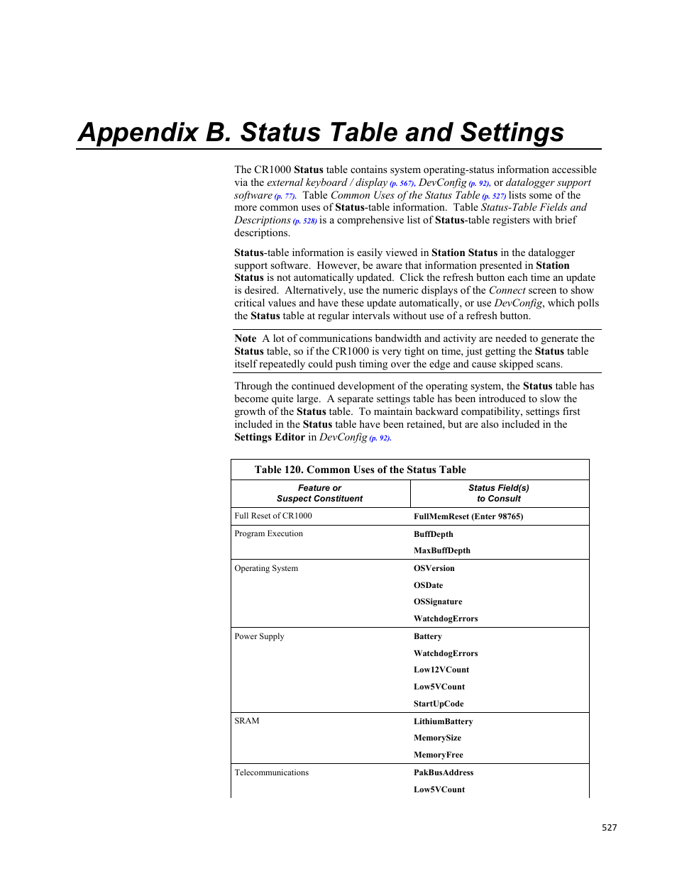 Appendix b. status table and settings, Table 120. common uses of the status table | Campbell Scientific CR1000 Measurement and Control System User Manual | Page 527 / 588