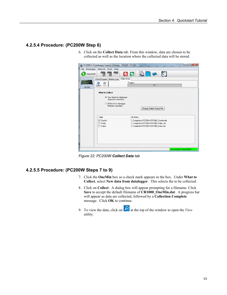 4 procedure: (pc200w step 6), 5 procedure: (pc200w steps 7 to 9), Figure 22: pc200w collect data tab | Campbell Scientific CR1000 Measurement and Control System User Manual | Page 53 / 588