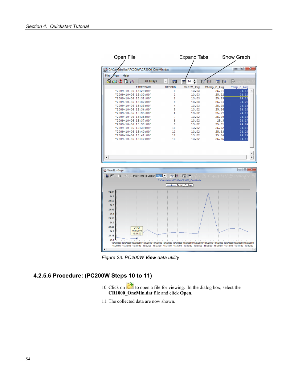 6 procedure: (pc200w steps 10 to 11), Figure 23: pc200w view data utility | Campbell Scientific CR1000 Measurement and Control System User Manual | Page 54 / 588