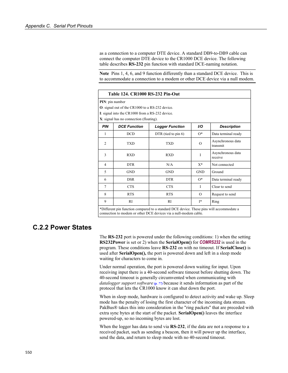 C.2.2 power states, Table 124. cr1000 rs-232 pin-out | Campbell Scientific CR1000 Measurement and Control System User Manual | Page 550 / 588