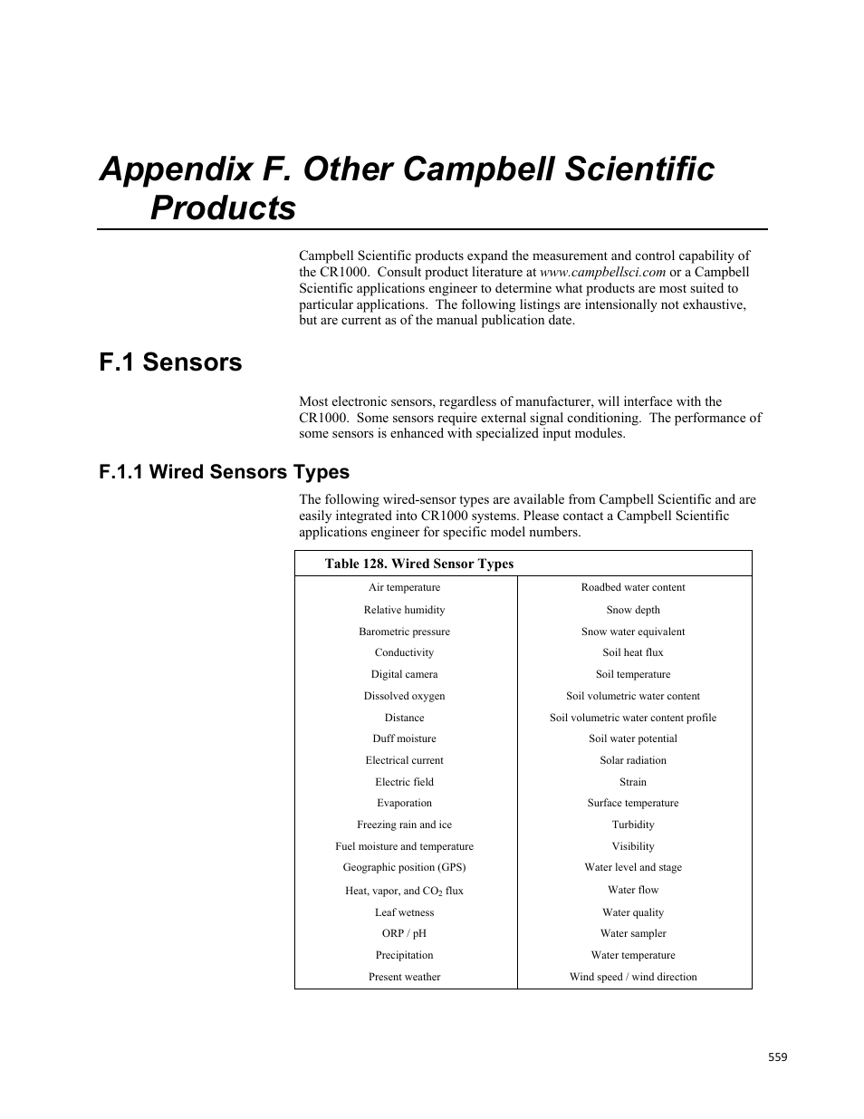 Appendix f. other campbell scientific products, F.1 sensors, F.1.1 wired sensors types | Table 128. wired sensor types | Campbell Scientific CR1000 Measurement and Control System User Manual | Page 559 / 588