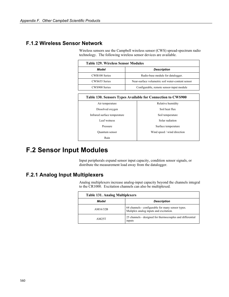 F.1.2 wireless sensor network, F.2 sensor input modules, F.2.1 analog input multiplexers | Campbell Scientific CR1000 Measurement and Control System User Manual | Page 560 / 588
