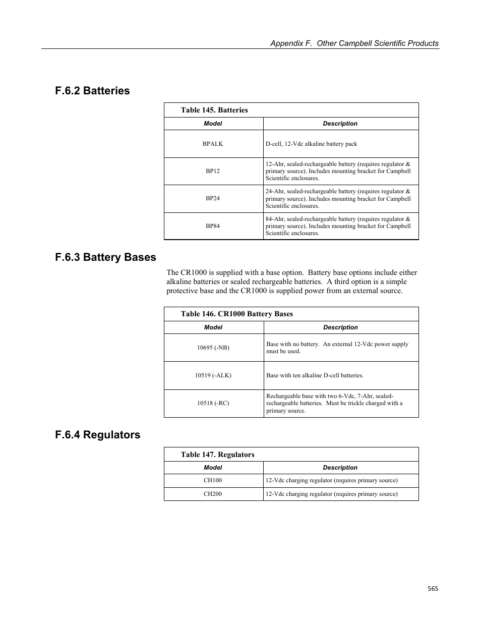 F.6.2 batteries, F.6.3 battery bases, F.6.4 regulators | Campbell Scientific CR1000 Measurement and Control System User Manual | Page 565 / 588