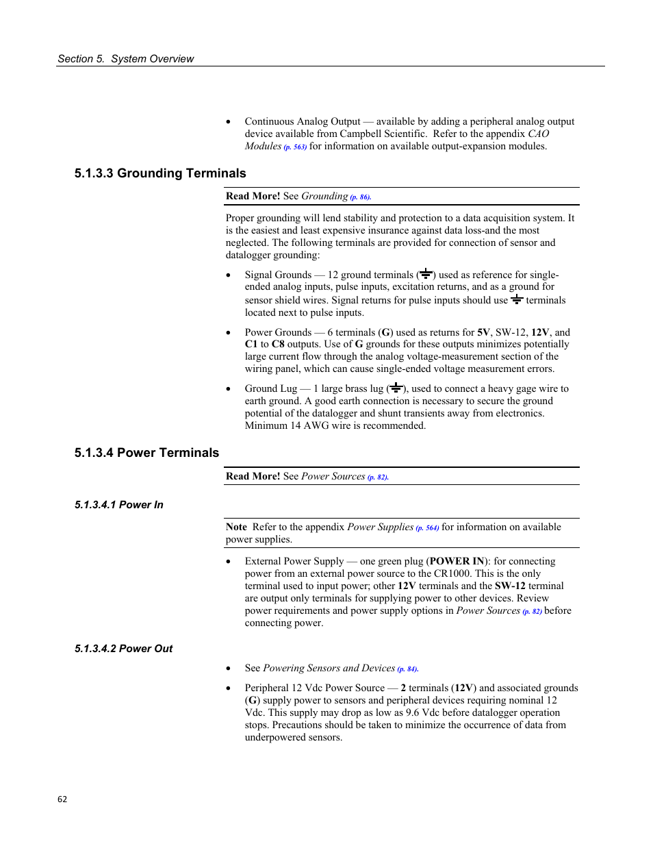 3 grounding terminals, 4 power terminals, 1 power in | 2 power out | Campbell Scientific CR1000 Measurement and Control System User Manual | Page 62 / 588