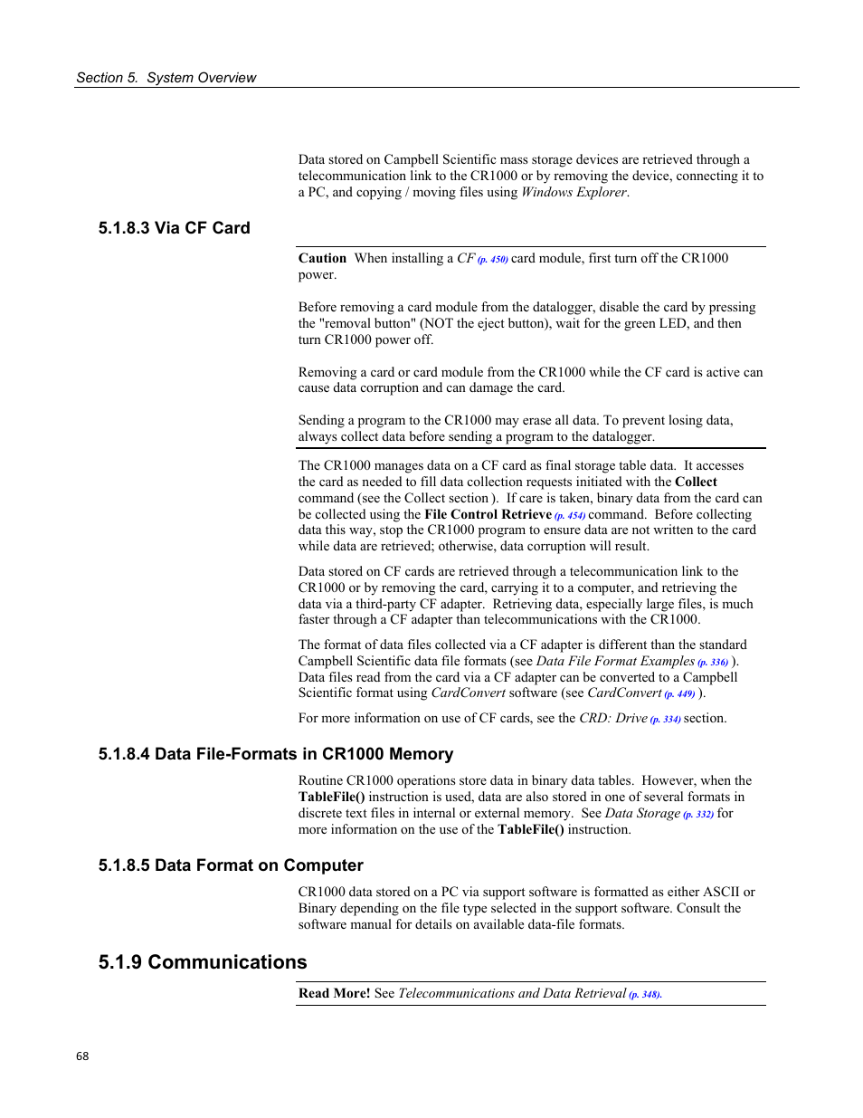 3 via cf card, 4 data file-formats in cr1000 memory, 5 data format on computer | 9 communications | Campbell Scientific CR1000 Measurement and Control System User Manual | Page 68 / 588