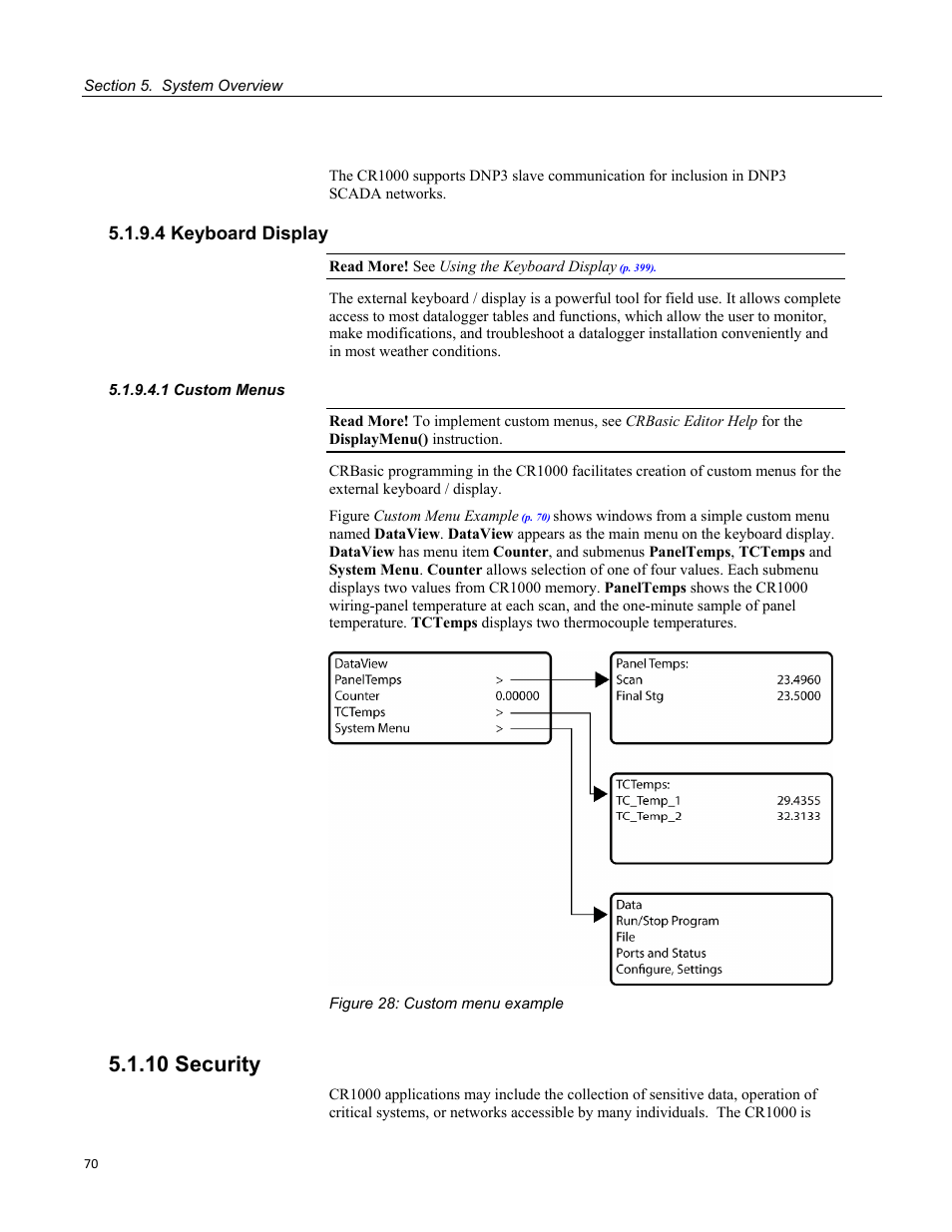 4 keyboard display, 1 custom menus, 10 security | Figure 28: custom menu example | Campbell Scientific CR1000 Measurement and Control System User Manual | Page 70 / 588