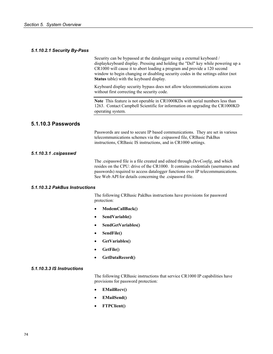 1 security by-pass, 3 passwords, 1 .csipasswd | 2 pakbus instructions, 3 is instructions | Campbell Scientific CR1000 Measurement and Control System User Manual | Page 74 / 588