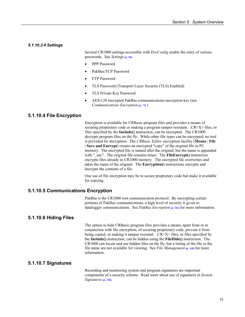 4 settings, 4 file encryption, 5 communications encryption | 6 hiding files, 7 signatures | Campbell Scientific CR1000 Measurement and Control System User Manual | Page 75 / 588