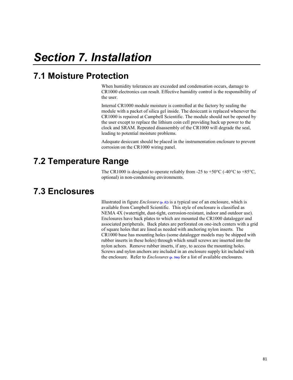 Section 7. installation, 1 moisture protection, 2 temperature range | 3 enclosures | Campbell Scientific CR1000 Measurement and Control System User Manual | Page 81 / 588