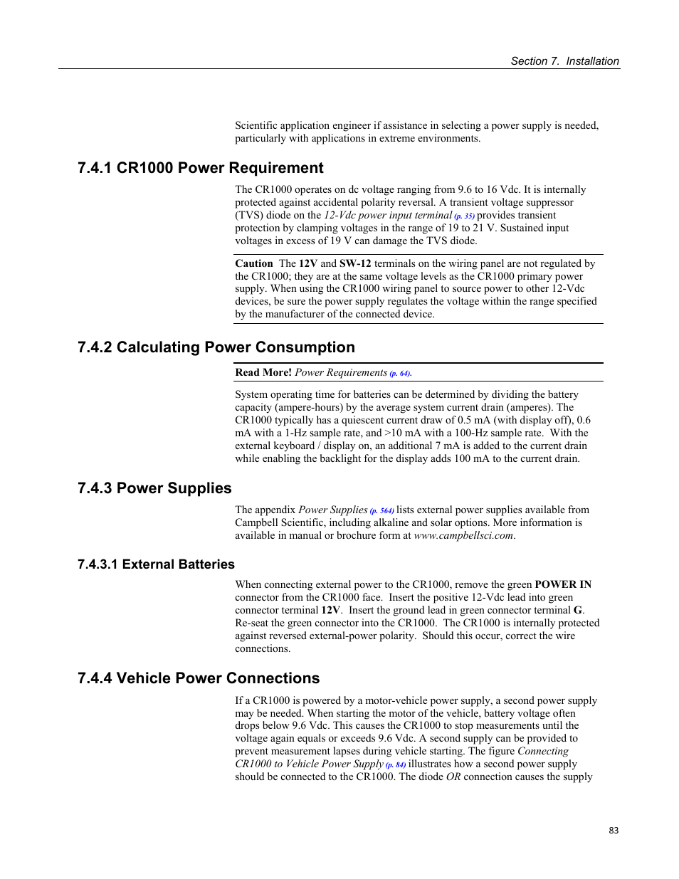 1 cr1000 power requirement, 2 calculating power consumption, 3 power supplies | 1 external batteries, 4 vehicle power connections | Campbell Scientific CR1000 Measurement and Control System User Manual | Page 83 / 588