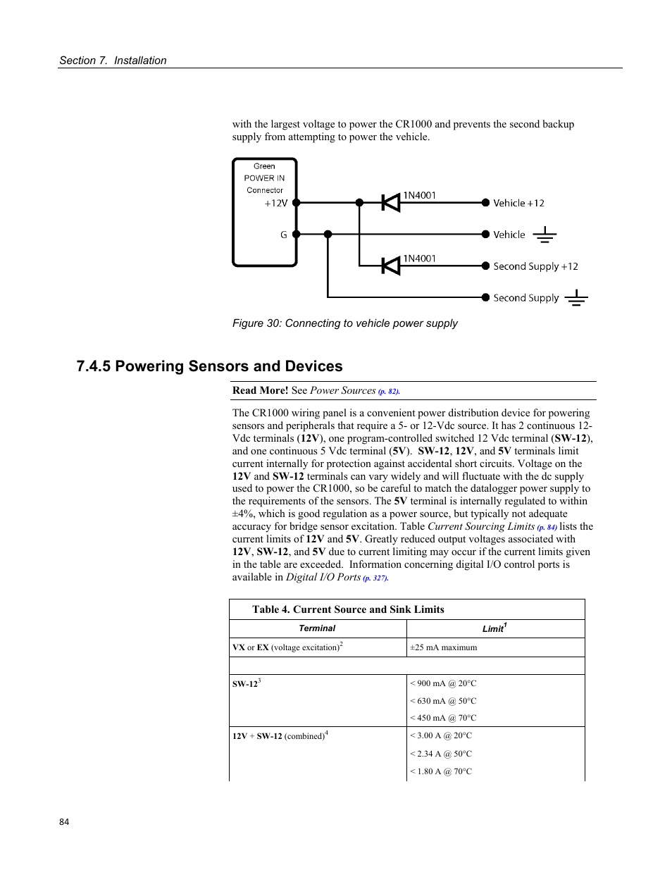 5 powering sensors and devices, Figure 30: connecting to vehicle power supply, Table 4. current source and sink limits | Campbell Scientific CR1000 Measurement and Control System User Manual | Page 84 / 588