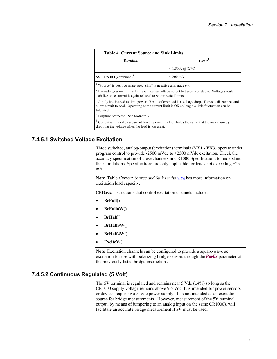 1 switched voltage excitation, 2 continuous regulated (5 volt) | Campbell Scientific CR1000 Measurement and Control System User Manual | Page 85 / 588