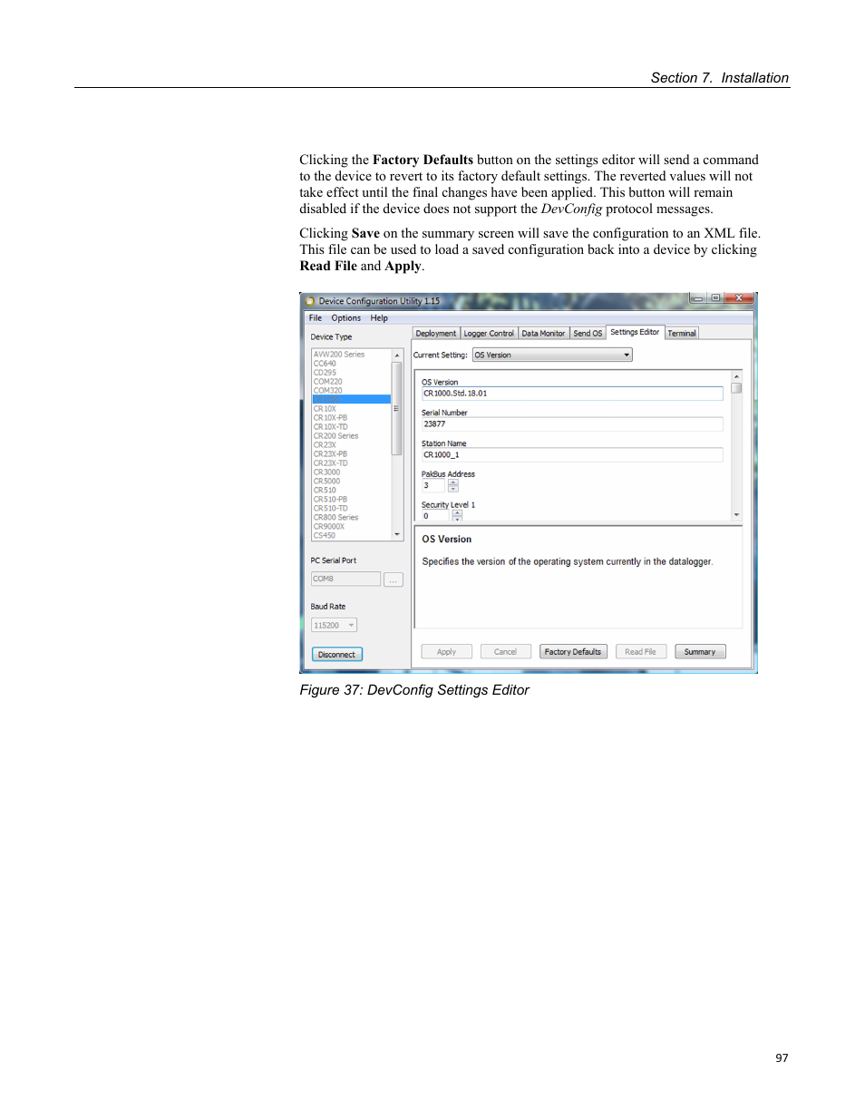 Figure 37: devconfig settings editor, P. 97 | Campbell Scientific CR1000 Measurement and Control System User Manual | Page 97 / 588