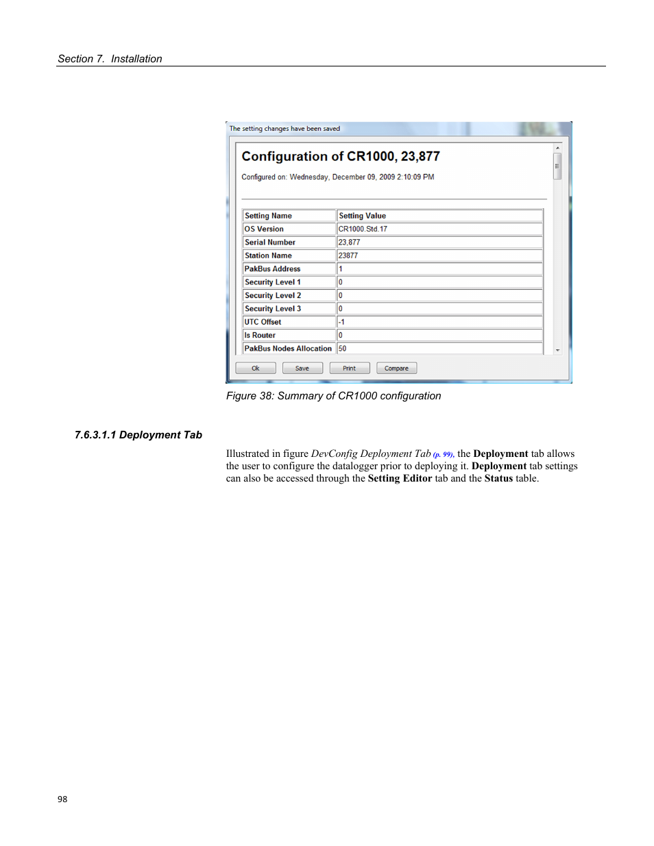 1 deployment tab, Figure 38: summary of cr1000 configuration | Campbell Scientific CR1000 Measurement and Control System User Manual | Page 98 / 588