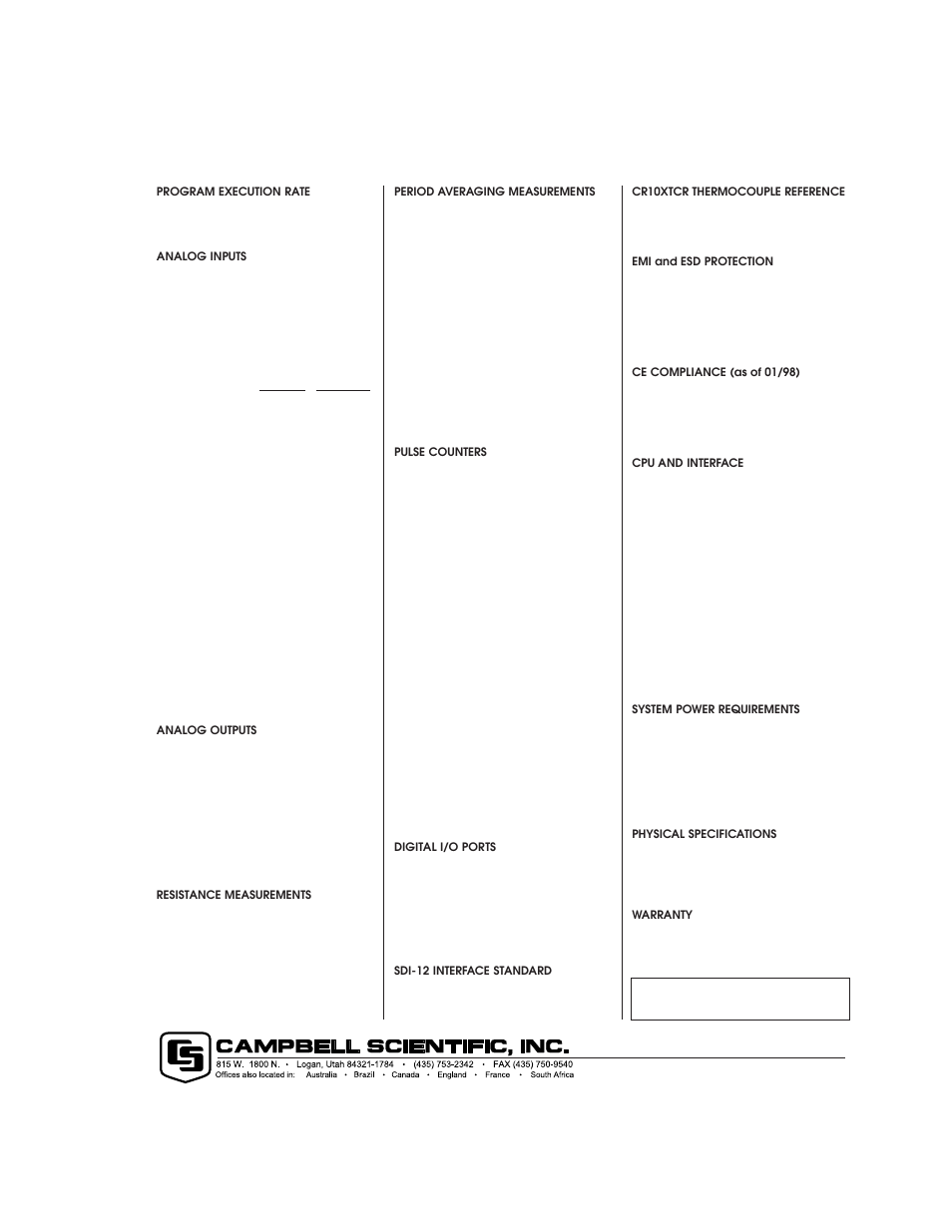 Ov7. specifications, Cr10x overview ov-23 | Campbell Scientific CR10X Measurement and Control System User Manual | Page 35 / 362