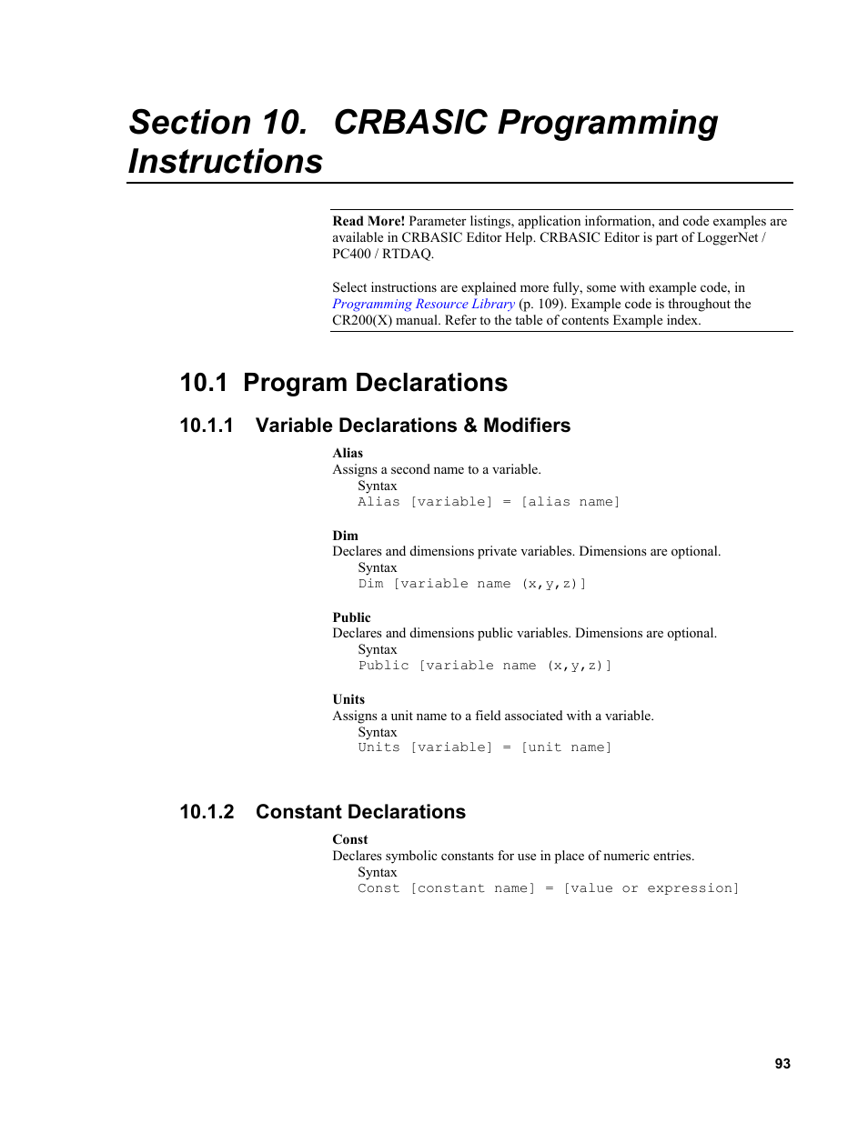 Section 10. crbasic programming instructions, 1 program declarations, 1 variable declarations & modifiers | 2 constant declarations | Campbell Scientific CR200/CR200X-series Dataloggers User Manual | Page 105 / 208