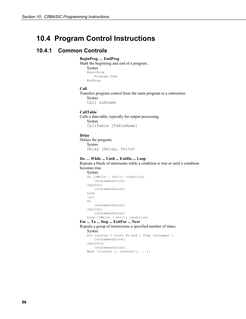 4 program control instructions, 1 common controls | Campbell Scientific CR200/CR200X-series Dataloggers User Manual | Page 108 / 208