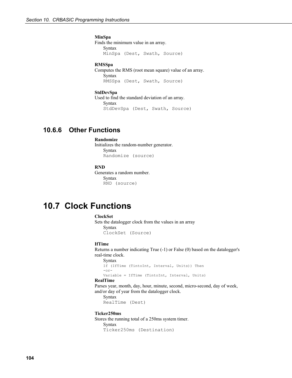 6 other functions, 7 clock functions | Campbell Scientific CR200/CR200X-series Dataloggers User Manual | Page 116 / 208