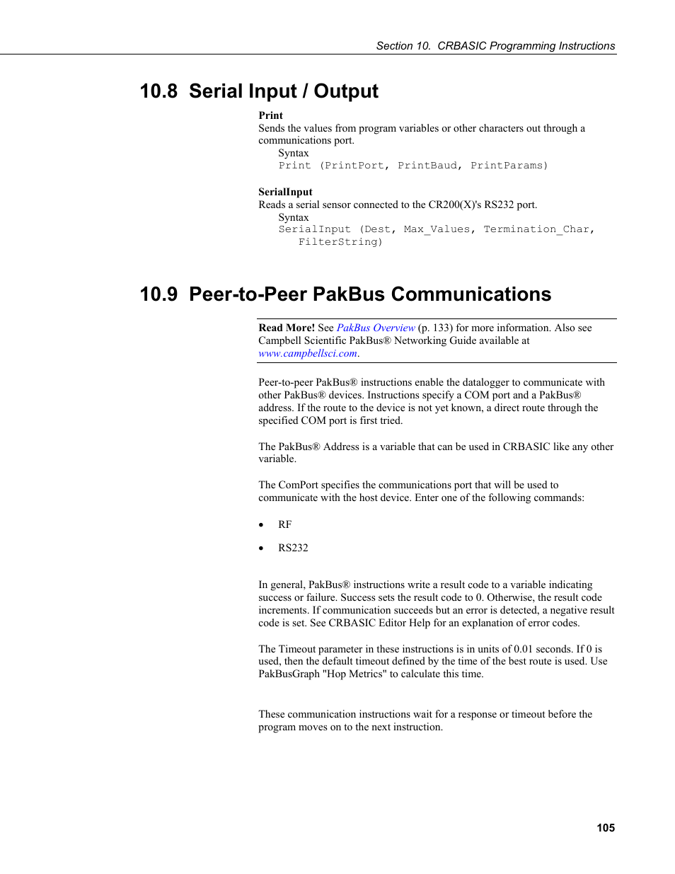 8 serial input / output, 9 peer-to-peer pakbus communications | Campbell Scientific CR200/CR200X-series Dataloggers User Manual | Page 117 / 208