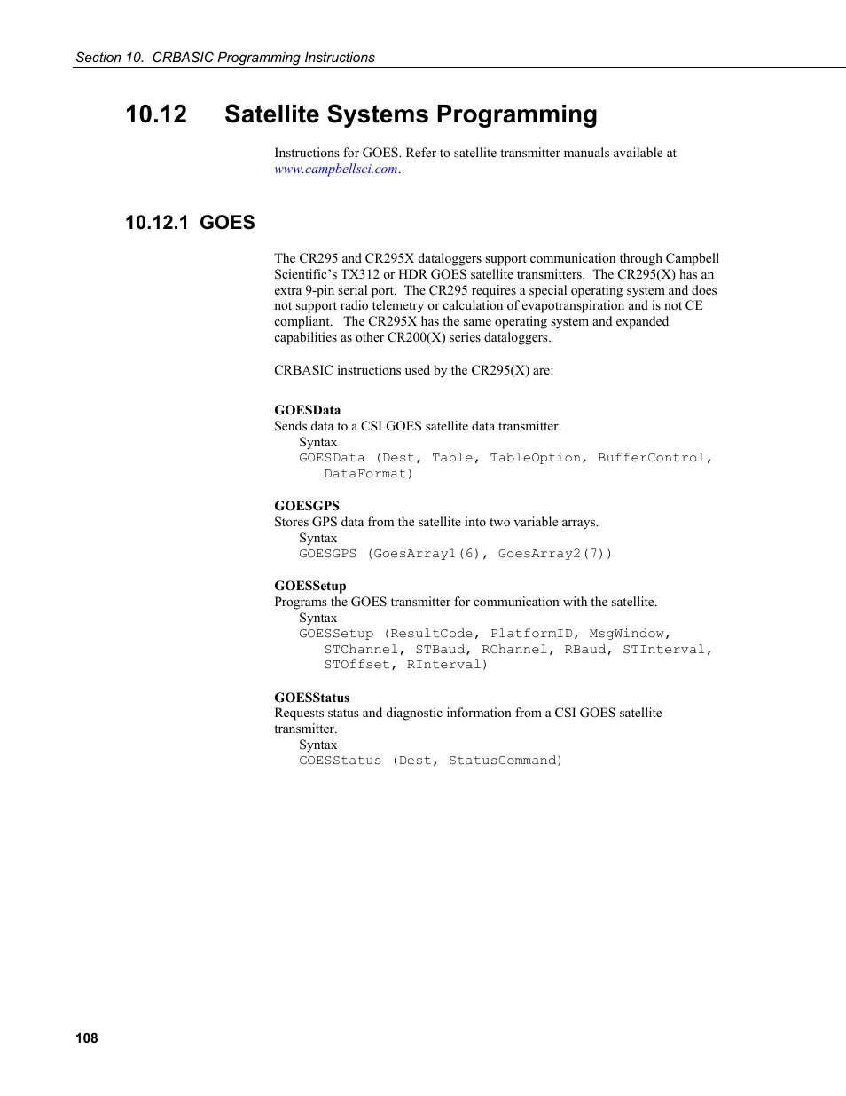 12 satellite systems programming, 1 goes | Campbell Scientific CR200/CR200X-series Dataloggers User Manual | Page 120 / 208