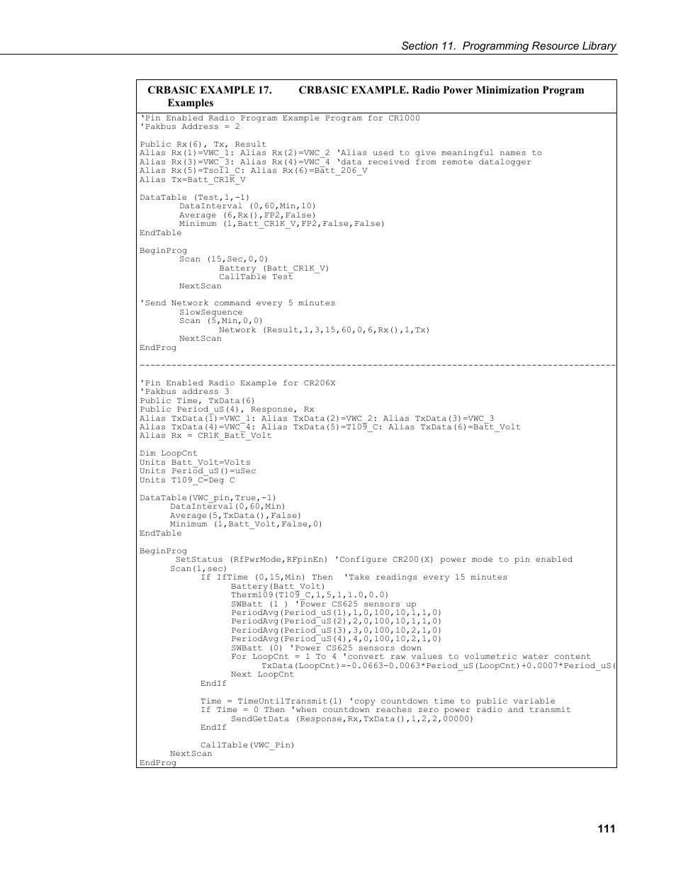 Program examples | Campbell Scientific CR200/CR200X-series Dataloggers User Manual | Page 123 / 208