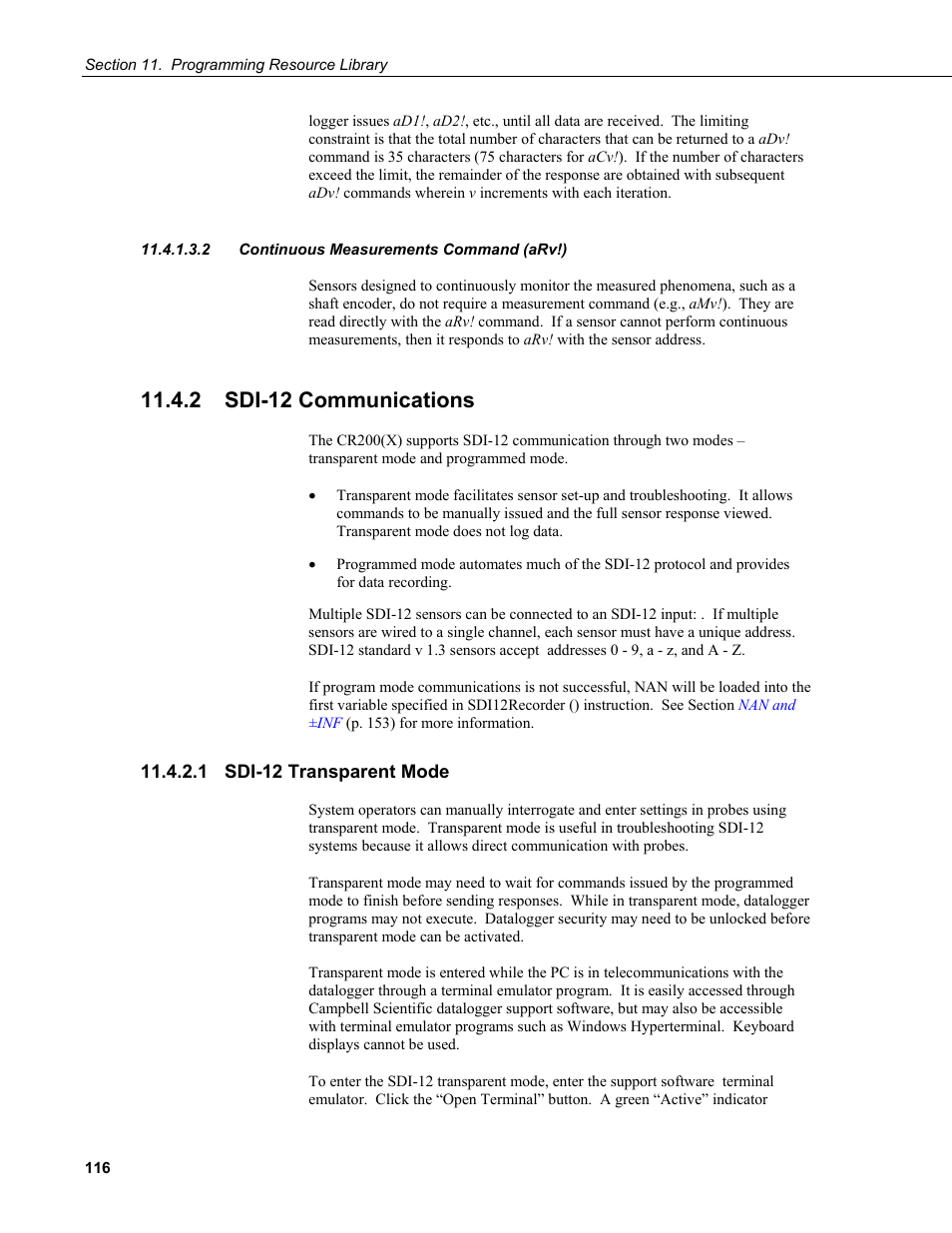 2 continuous measurements command (arv!), 2 sdi-12 communications, 1 sdi-12 transparent mode | Campbell Scientific CR200/CR200X-series Dataloggers User Manual | Page 128 / 208