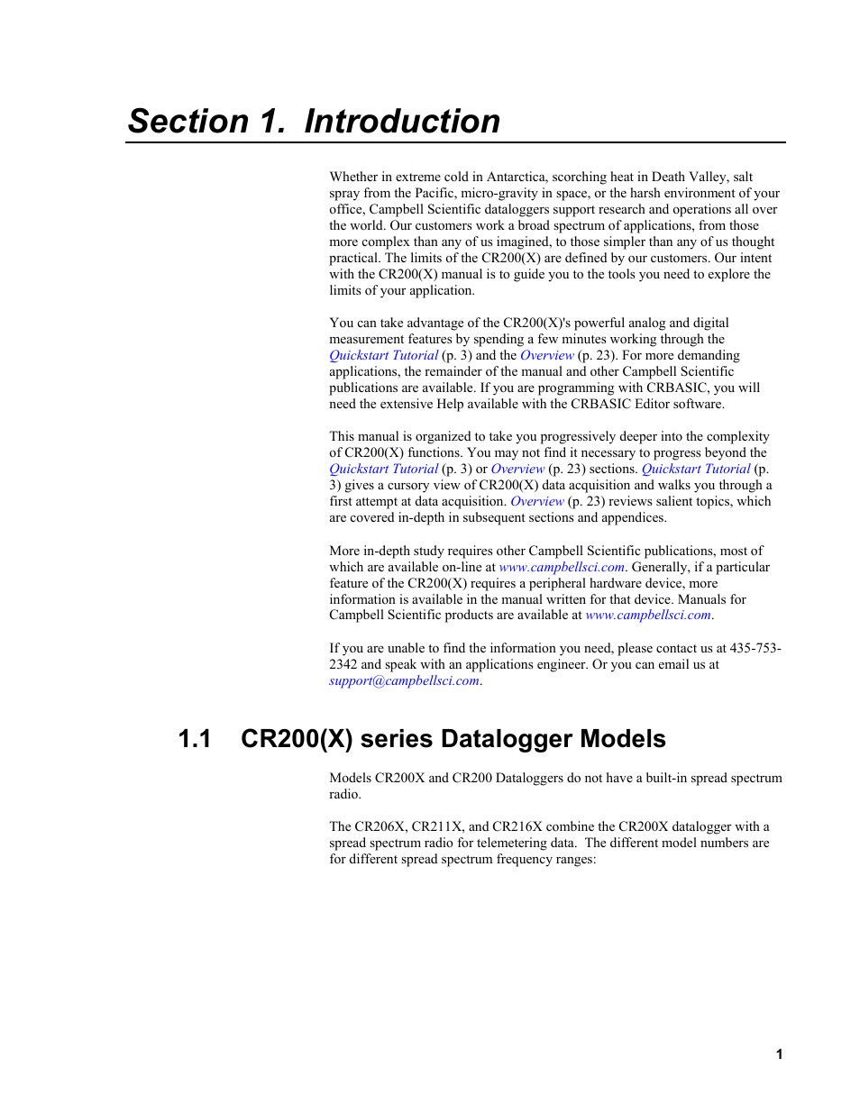 Section 1. introduction, 1 cr200(x) series datalogger models | Campbell Scientific CR200/CR200X-series Dataloggers User Manual | Page 13 / 208