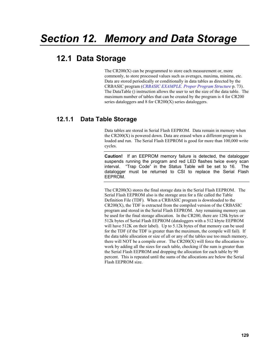 Section 12. memory and data storage, 1 data storage, 1 data table storage | Campbell Scientific CR200/CR200X-series Dataloggers User Manual | Page 141 / 208