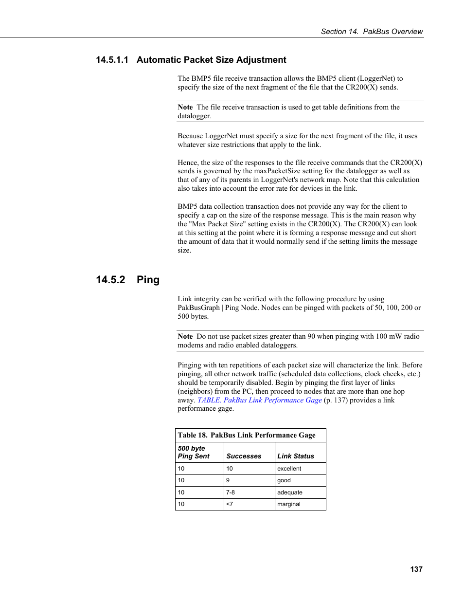 1 automatic packet size adjustment, 2 ping, Table 18. pakbus link performance gage | Campbell Scientific CR200/CR200X-series Dataloggers User Manual | Page 149 / 208