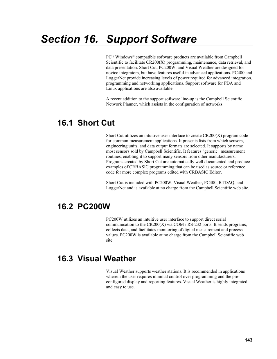 Section 16. support software, 1 short cut, 2 pc200w | 3 visual weather | Campbell Scientific CR200/CR200X-series Dataloggers User Manual | Page 155 / 208