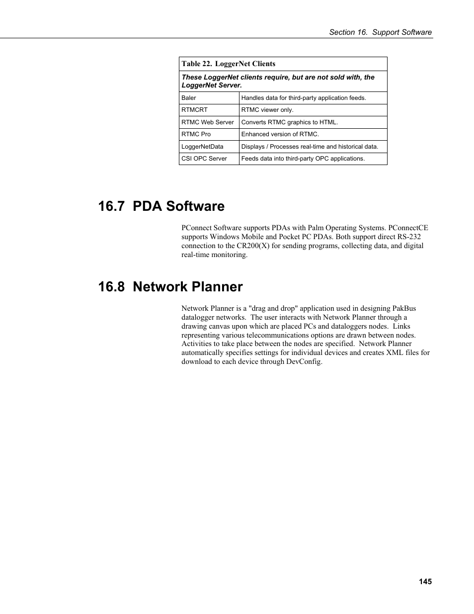 7 pda software, 8 network planner, Table 22. loggernet clients | Campbell Scientific CR200/CR200X-series Dataloggers User Manual | Page 157 / 208