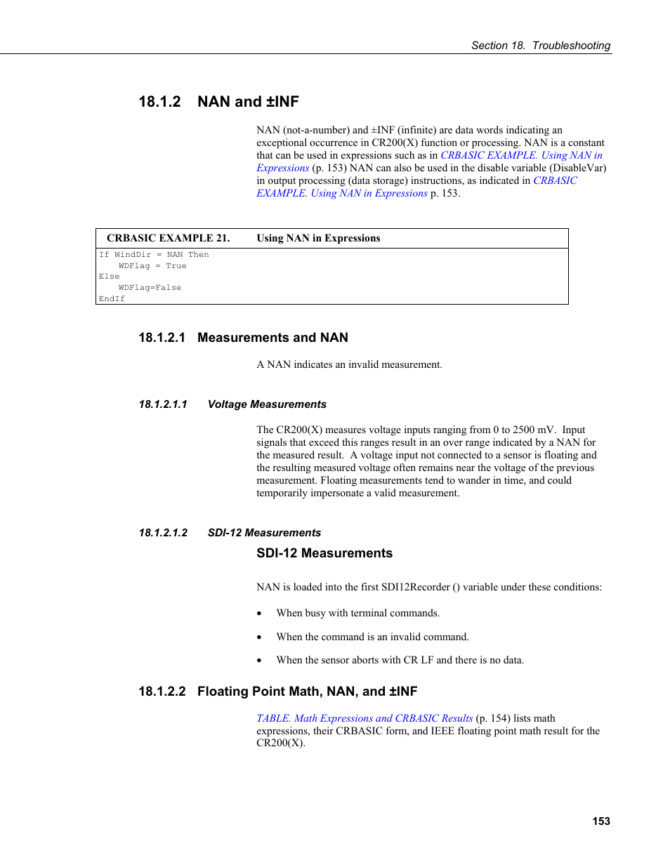 2 nan and ±inf, 1 measurements and nan, 1 voltage measurements | 2 sdi-12 measurements, 2 floating point math, nan, and ±inf, Crbasic example 21. using nan in expressions | Campbell Scientific CR200/CR200X-series Dataloggers User Manual | Page 165 / 208