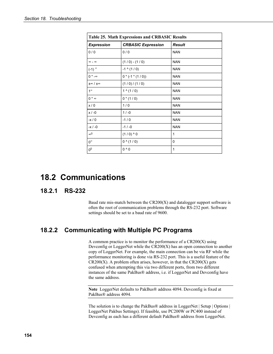 2 communications, 1 rs-232, 2 communicating with multiple pc programs | Table 25. math expressions and crbasic results | Campbell Scientific CR200/CR200X-series Dataloggers User Manual | Page 166 / 208