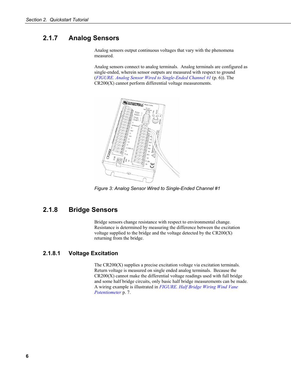 7 analog sensors, 8 bridge sensors, 1 voltage excitation | Campbell Scientific CR200/CR200X-series Dataloggers User Manual | Page 18 / 208