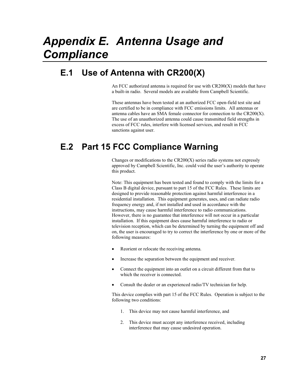 Appendix e. antenna usage and compliance, E.1 use of antenna with cr200(x), E.2 part 15 fcc compliance warning | Campbell Scientific CR200/CR200X-series Dataloggers User Manual | Page 199 / 208
