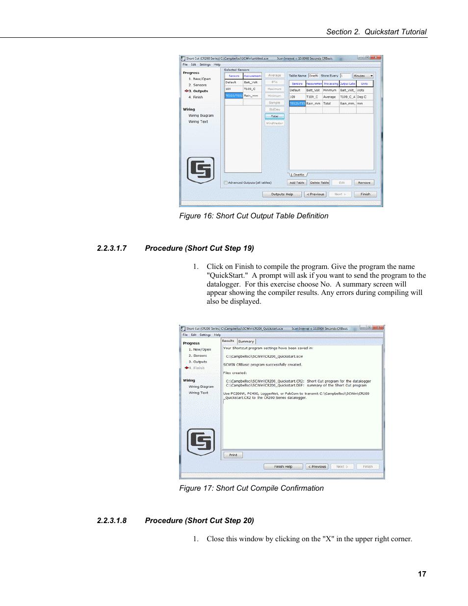 7 procedure (short cut step 19), 8 procedure (short cut step 20), Figure 16: short cut output table definition | Figure 17: short cut compile confirmation | Campbell Scientific CR200/CR200X-series Dataloggers User Manual | Page 29 / 208