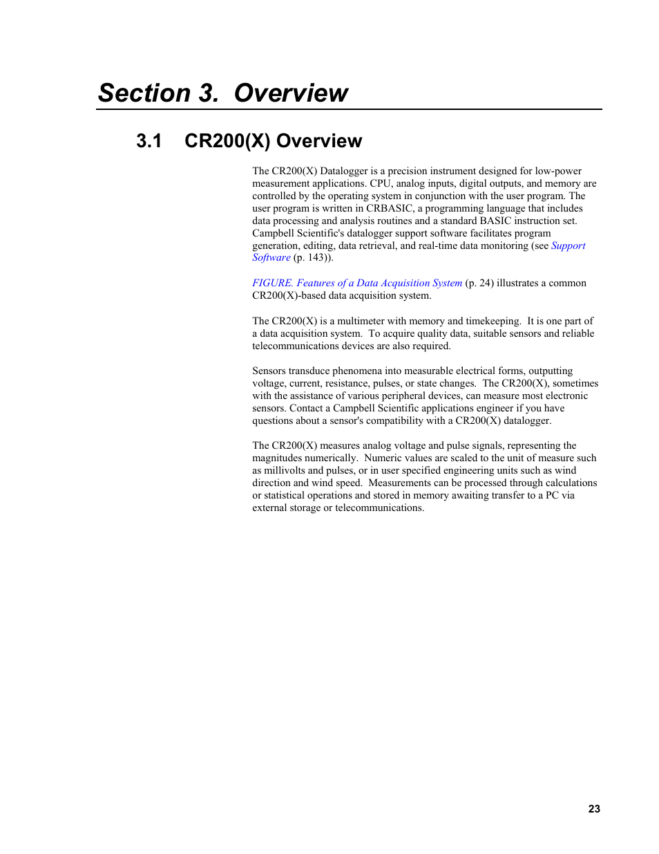 Section 3. overview, 1 cr200(x) overview | Campbell Scientific CR200/CR200X-series Dataloggers User Manual | Page 35 / 208